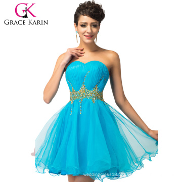 Grace Karin Stock Curto Cocktail Azul Vestido De Bola De Volei Sem Alças Com Linguas Emfeitada CL4972-1